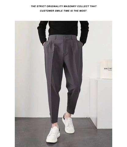 Fashion Men Casual Pants Elastic Waist Small Feet Slim Korean Style Pleated Tapered Male Blazer Pants Trousers Streetwear