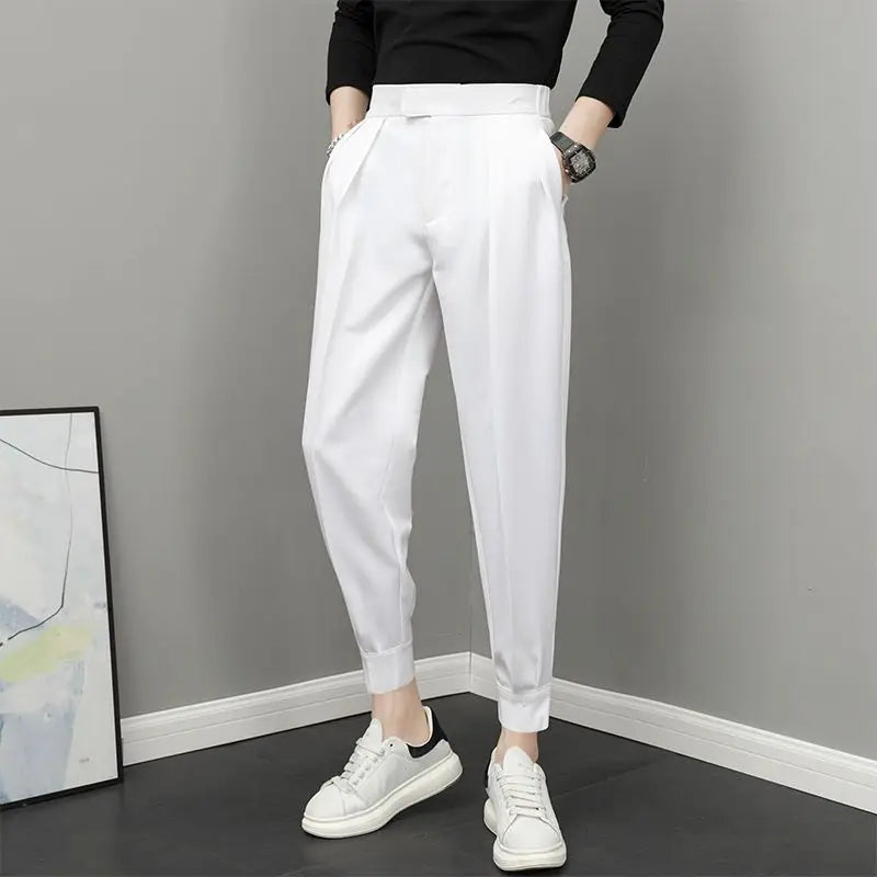 2023 Men's Clothing New Fashion Loose Man Solid Color Pleated Temperament High Waist Handsome Thin Spring Summer Casual Pants