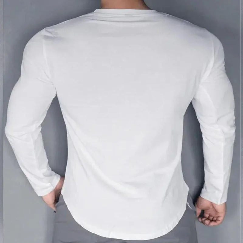 Men's Autumn And Winter Running, Sports And Fitness Base T-shirt White Sports And Leisure Style Long Sleeved Slim Base T-shirt