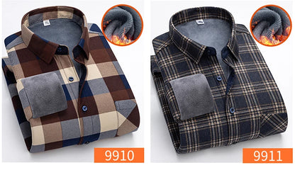 Autumn Winter Thicken Fleece Shirt Men Business Plaid Shirt Long Sleeve Warm Clothes Turn Down Collar Button Up Shirts Classic