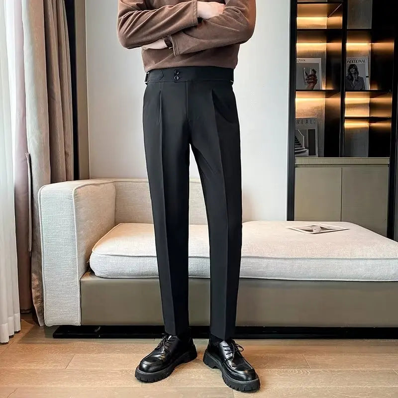 2023 New British Style Solid High Waist Draped Trousers Korea Men Formal Blazer Pants Slim Business Casual Suit Pants Hommes