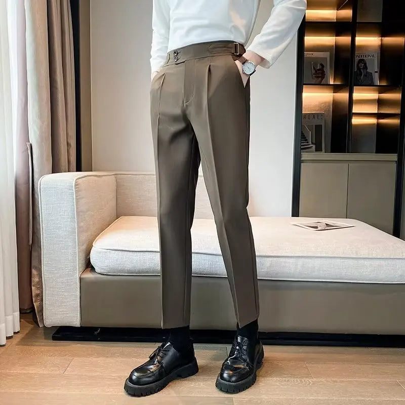 2023 New British Style Solid High Waist Draped Trousers Korea Men Formal Blazer Pants Slim Business Casual Suit Pants Hommes