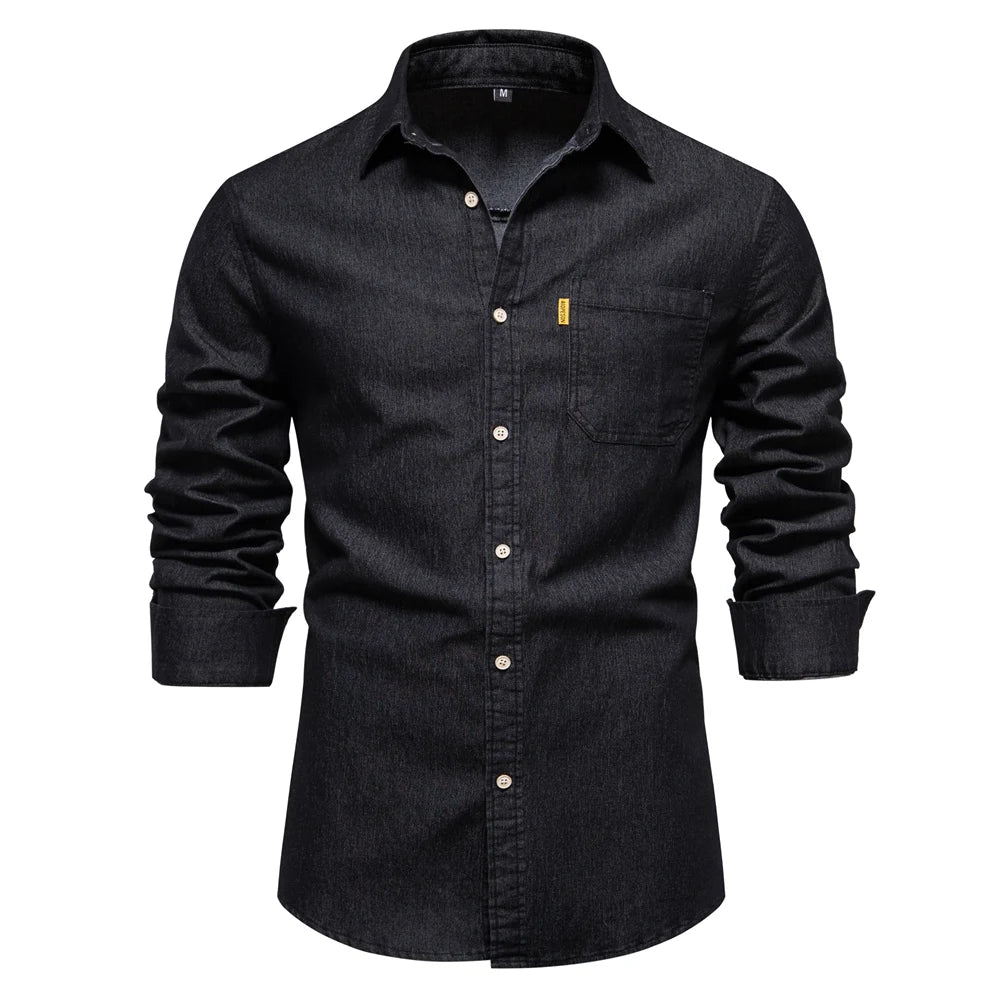 AIOPESON Autumn New Cotton Men's Denim Shirt Solid Color Single Pocket Casual Long Sleeve Shirt Autumn Jeans Shirt for Men