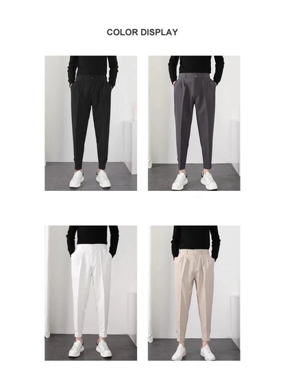 Fashion Men Casual Pants Elastic Waist Small Feet Slim Korean Style Pleated Tapered Male Blazer Pants Trousers Streetwear