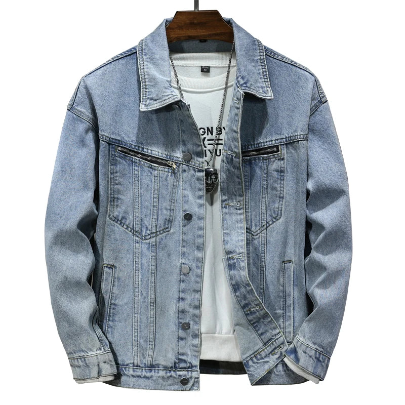 Autumn Winter New Retro Men's Black Denim Jacket High Street Korean Fashion Loose Washed Dilapidated Male Jean Coat