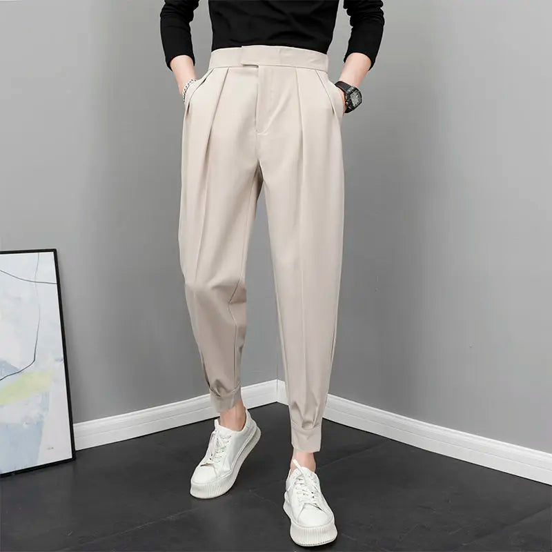 2023 Men's Clothing New Fashion Loose Man Solid Color Pleated Temperament High Waist Handsome Thin Spring Summer Casual Pants