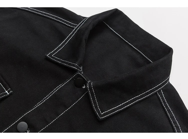 Men's Fashion Baggy Denim Jacket Streetwear Large Pocket Contrast Design Oversized Black White Washed Denim Coats Autumn 4XL 5XL