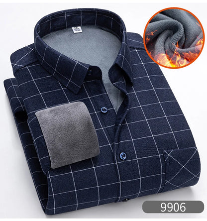 Autumn Winter Thicken Fleece Shirt Men Business Plaid Shirt Long Sleeve Warm Clothes Turn Down Collar Button Up Shirts Classic