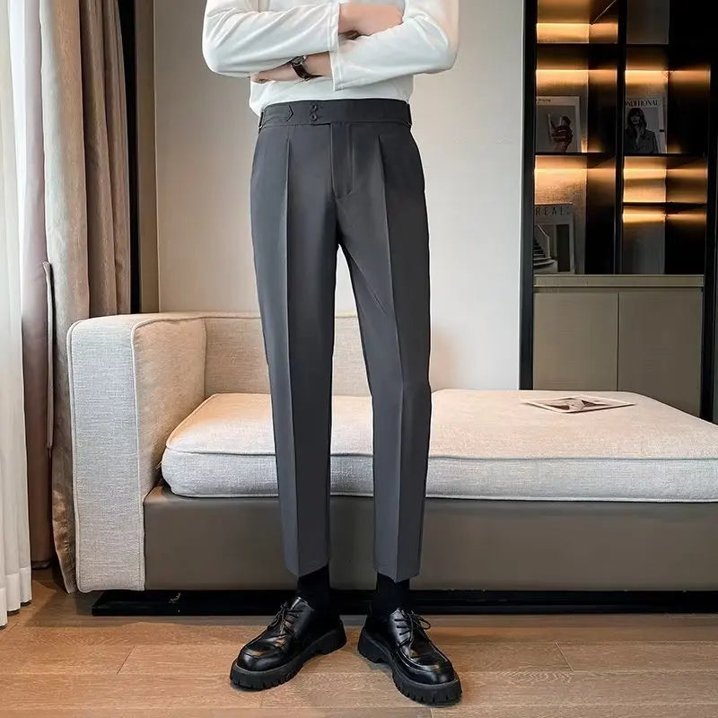 2023 New British Style Solid High Waist Draped Trousers Korea Men Formal Blazer Pants Slim Business Casual Suit Pants Hommes