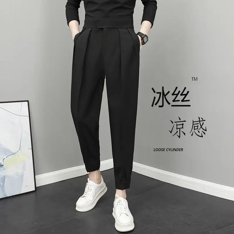 2023 Men's Clothing New Fashion Loose Man Solid Color Pleated Temperament High Waist Handsome Thin Spring Summer Casual Pants