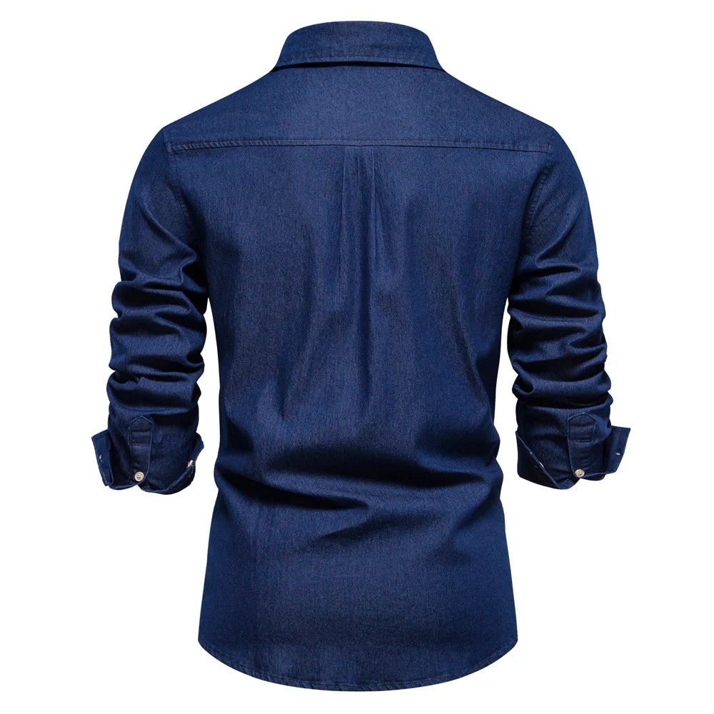 AIOPESON Autumn New Cotton Men's Denim Shirt Solid Color Single Pocket Casual Long Sleeve Shirt Autumn Jeans Shirt for Men