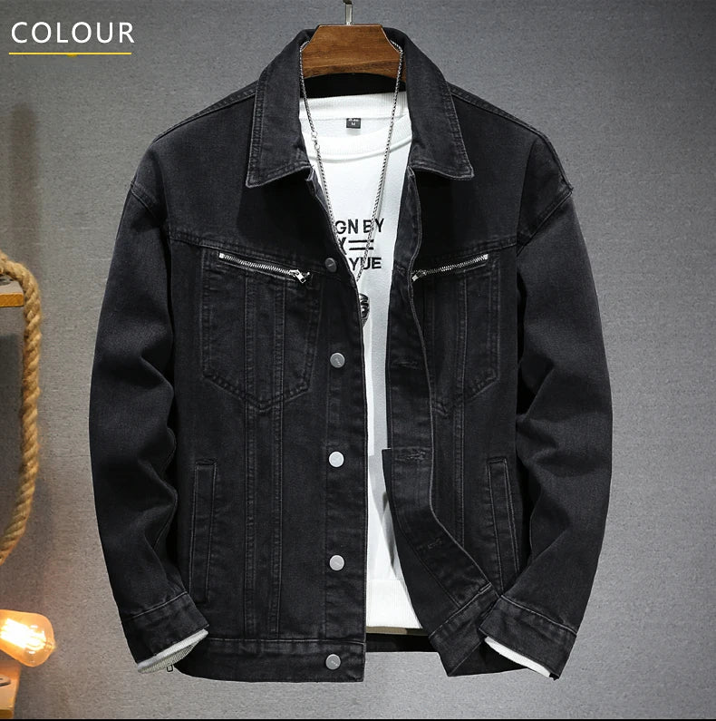 Autumn Winter New Retro Men's Black Denim Jacket High Street Korean Fashion Loose Washed Dilapidated Male Jean Coat