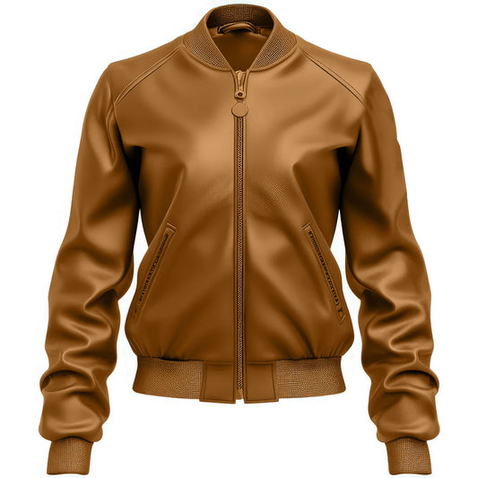 Women’s Chocolate Brown Genuine Sheepskin Stylish Soft Rib Knit Baseball Collar Winter Sporty Outerwear Zip-up Bomber Leather Jacket